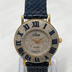 Vtg Cheval Watch Women 30mm Gold Tone Stone Dial Black Leather New Battery 8"